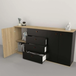 Bahiut Table's 1.75 M 74010-COM Olmo Frente Negro 3 Puertas, 4 Cajones