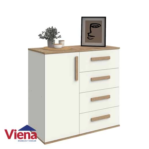 Comoda Delos 4 Cajones 1 Puerta DNA04RKBL 90 x 86 Roble K Blanco 