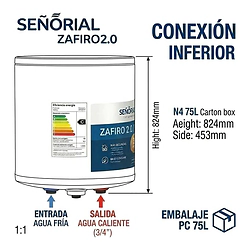 Termotanque Electrico Se�orial Zafiro TESZ2.0-75L Superior Colgar