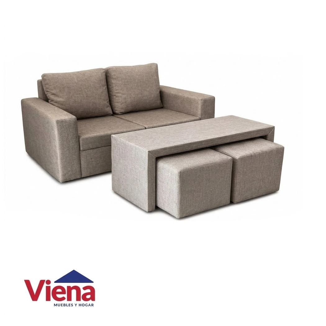 Sofa Sole 2 Cuerpos 1.35 mts G3 + Mesa + 2 Puff Combo Mundial 